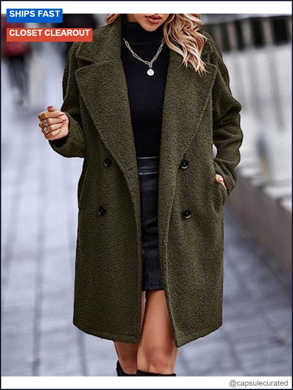 Women's Faux Fur Coat Sherpa Jacket Double-Breasted Notched Lapel Long Sleeve - Picture 5 of 6